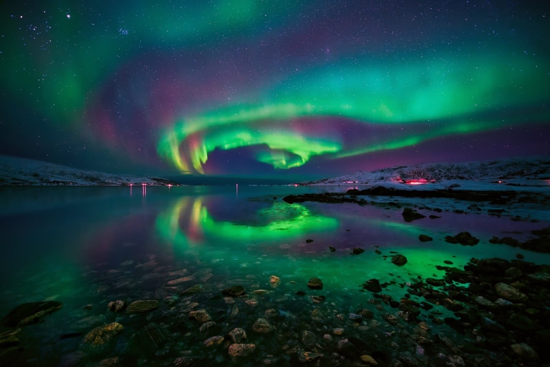 scenics - nature, stars, nature, illuminated, aurorae, aurora polaris, no people, lake, green, snow, sky, green color, reflection, cloud - sky, beauty in nature