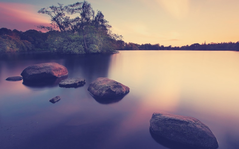 daytiem, tree, stones, sky, autumn, outdoors, blue, season, morning, sunset, calm, black, rock, travel, reflection, mountain, summer, idyllic, solid, violet