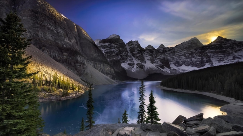 no people, landscape, tranquil scene, lake, formation, water, pine trees, trees, forest, snow, Sun, nature, remote, Alberta, hills, mountain, environment