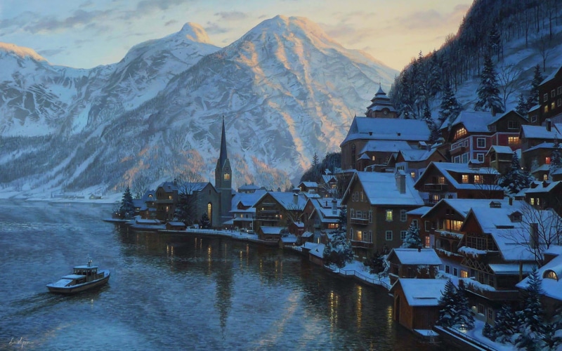 Salzburg, swiss Culture, hallstatter See, boat, cultures, hill, beauty In Nature, fjord, outdoors, village, Austria, sunset, river, 2K, scenics - nature