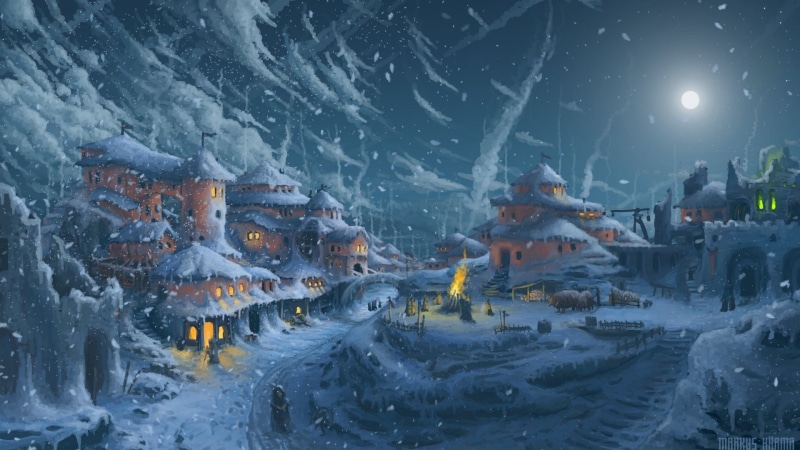 building, painting, snowcapped mountain, night, illuminated, cold temperature, Moon, built structure, artwork, 1080P, fire, lights, beauty in nature