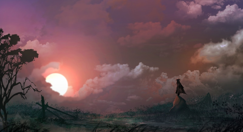 statue, beauty in nature, grass, fantasy art, loneliness, 5K, sunset, orange color, non-urban scene, full, scenics - nature, clouds, moon, DeviantArt