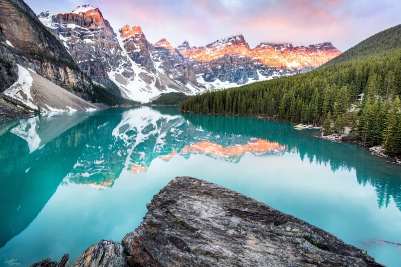 day, mountains, sky, mountain, Moraine Lake, forest, idyllic, outdoors, reflection, nature, scenics - nature, cloud - sky, 4K, Banff, lake, rock - object