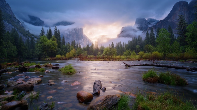 stones, mountains, reflection, nature, grass, forest, landscape, trees, rock, California, Yosemite National Park, water, stream, mist, 1080P, USA, dead trees
