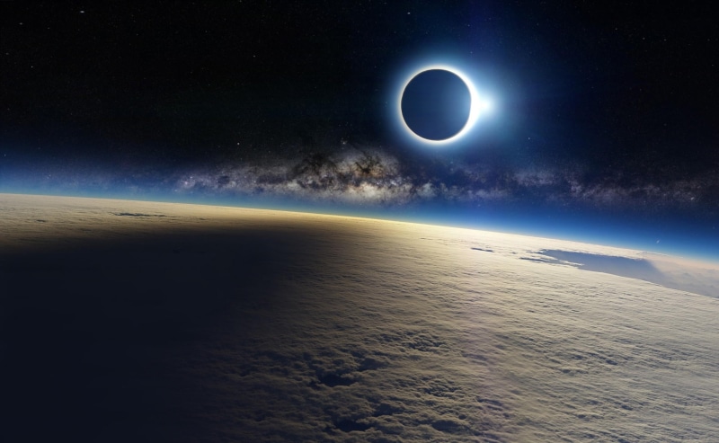 landscape, solar system, eclipse, blue, planet earth, galaxy, planet - Space, illuminated, backgrounds, light, digital composite, horizon, moon