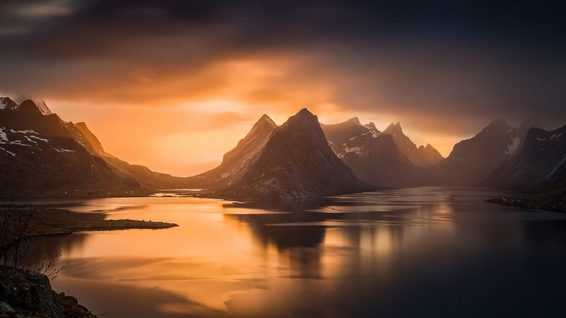 mountain range, illustration, nature, mountains, sea, scenics - nature, fjord, Lofoten, reflection, sky, landscape, sunset, water, cloud - sky, lake, Norway