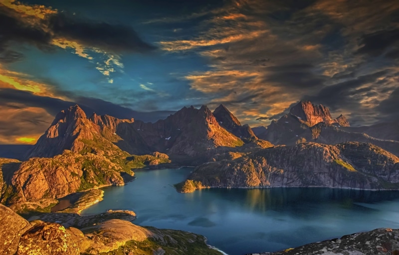 idyllic, Lofoten, mountain range, nature, 1080P, rock - object, lake, mountain, clouds, sunset, scenics - nature, body, outdoors, sky, Norway, no people