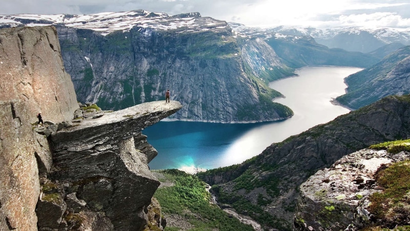 water, clouds, clear, 1080P, cliff, rock, green, Norway, nature, canyon, grass, sea, landscape, mountains, snow, panorama, fjord, body