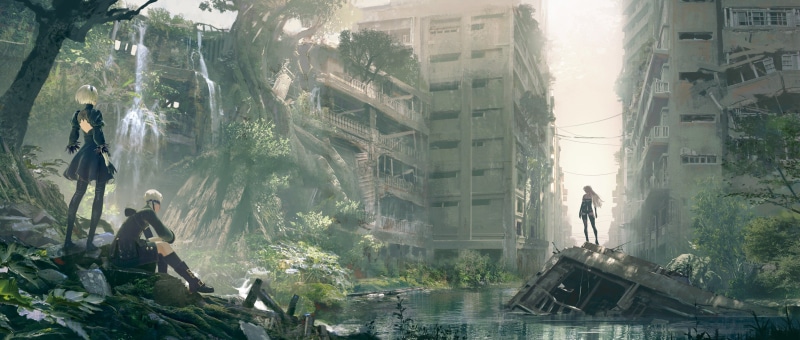 building, 9S, 2K, apocalyptic, 2B, nature, A2, Nier: Automata, waterfall, cityscape, ruin, trees, video games