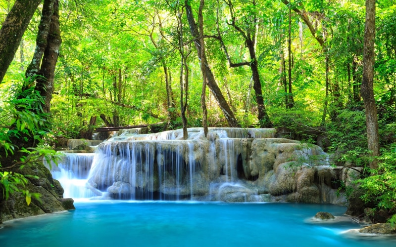 land, long exposure, waterfall, day, waterfront, tranquility, beauty in nature, green, rainforest, flowing, parks, thailand, nature, kanchanaburi