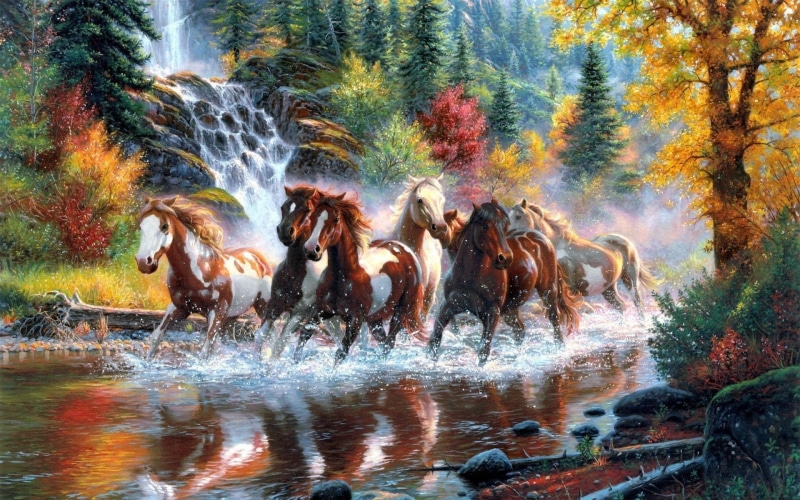 large group of animals, group of animals, forest, day, no people, outdoors, horse, tree, fall, mammal, 1080P, plant, blurred motion, herd, water, artwork