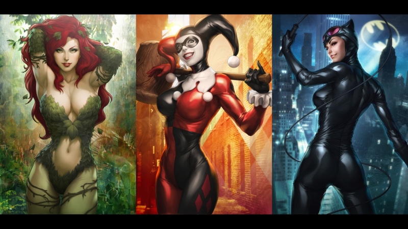 collage, Catwoman, Batman, Poison Ivy, Artgerm, Stanley Lau, 1080P, DC Comics, Harley Quinn