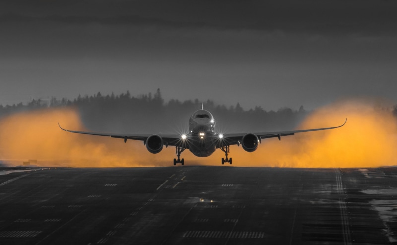 commercial airplane, 4K, no people, sky, sunset, airport runway, jet, Motors, airbus, Airplane, airport, mid-air, cloud - sky, travel, gray, motion, air vehicle