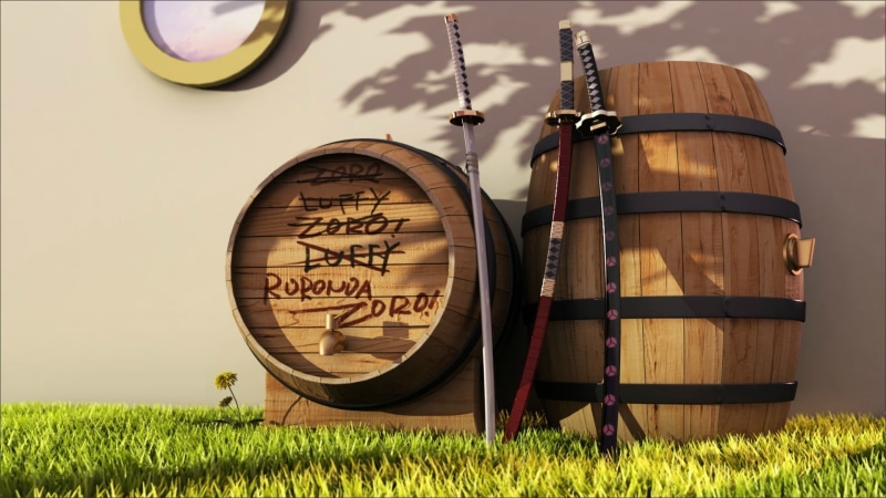 focus on foreground, 1080P, day, text, keg, katana, sunlight, grass, wine, barrels, beer - Alcohol, geometric shape, distillery, One Piece, retro Styled