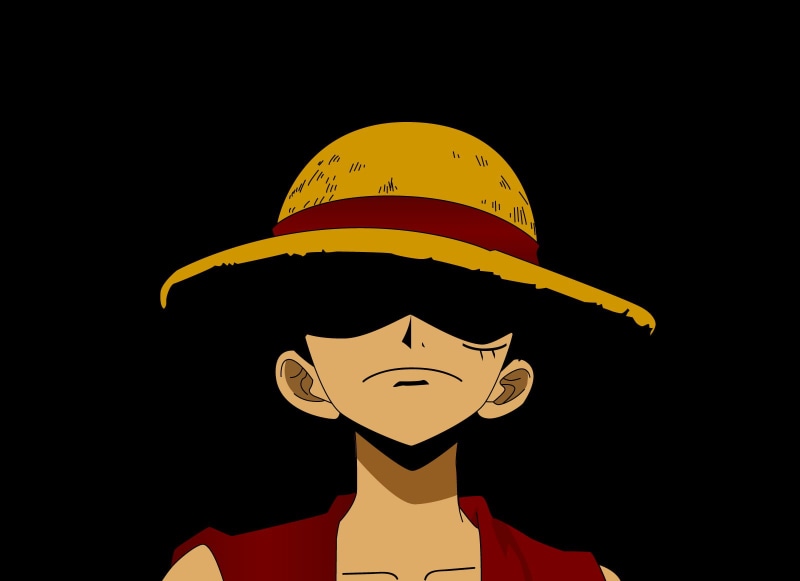 black background, Monkey D. Luffy, One Piece, human face, hat, creativity, front view, close-up, one person, d, leisure activity, anime, monkey, food and drink