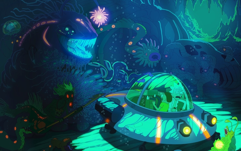 Rick and Morty, animal, aquarium, marine, Morty Smith, Rick Sanchez, vertebrate, illustration, fish tank, fish, sea, animal themes, morty, no people, sea life