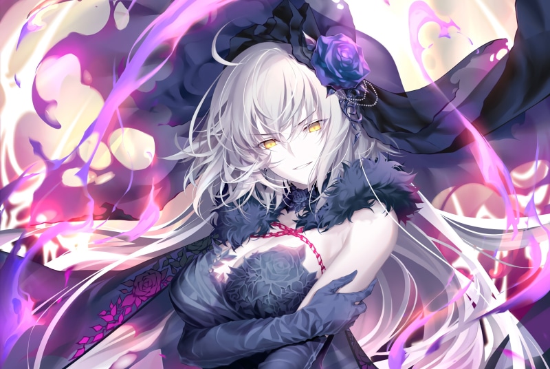 representation, Avenger (Fate/Grand Order), lighting equipment, long hair, rose, yellow eyes, Berserker (Fate/Grand Order), art and craft, purple, glowing