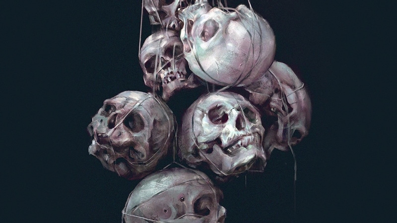 painting, group of objects, human hand, black background, 1080P, still life, representation, lot, vegetable, skull, human body part, human, digital art