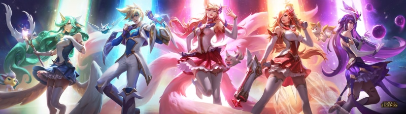 4K, League of Legends, Ahri (League of Legends), Soraka, star trails, space, Ezreal (League Of Legends), Ezreal, Syndra, Star Guardian Soraka, Soraka (League of Legends)
