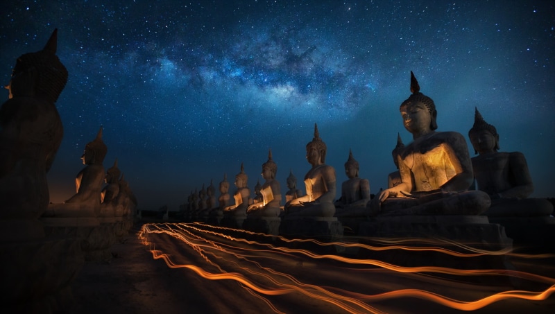 Buddha, festivals, statue, light trails, Buddhism, Thailand, stars, 1080P, Milky Way, night