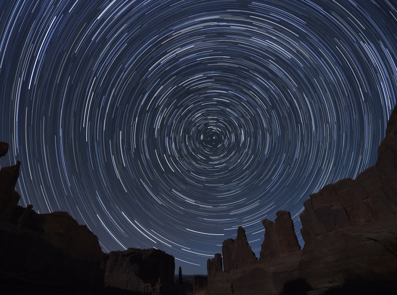 Photography, circle, balancedrock, Nature, Formation, Scenery, rockformation, national, Rock, nightsky, Utah, 4K, startrails, archesnationalpark, sky
