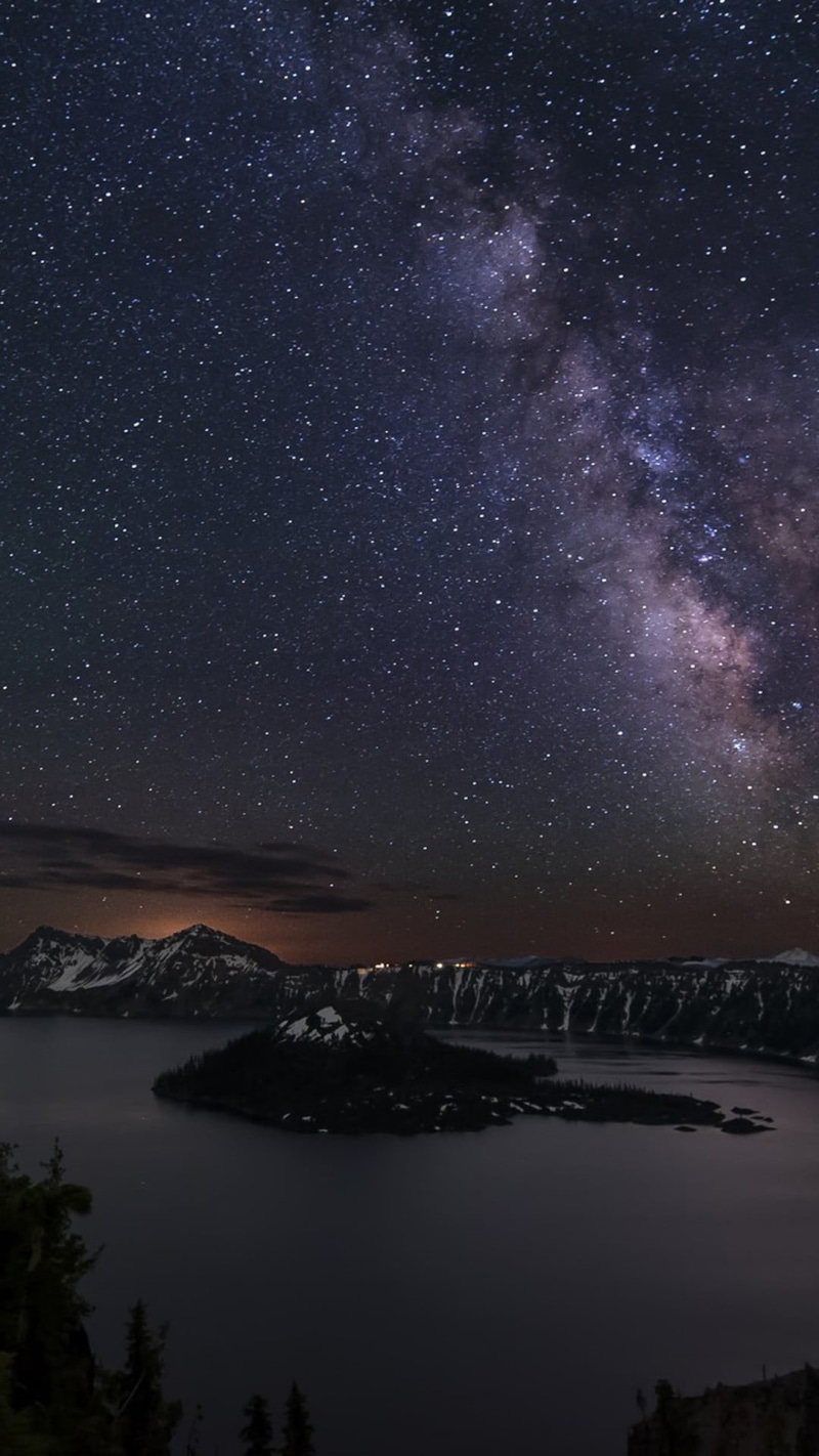blue, light - Natural Phenomenon, lake, astrology, mountain, planet - Space, scenics, tranquility, space and astronomy, arctic, Crater Lake (Oregon), milky Way