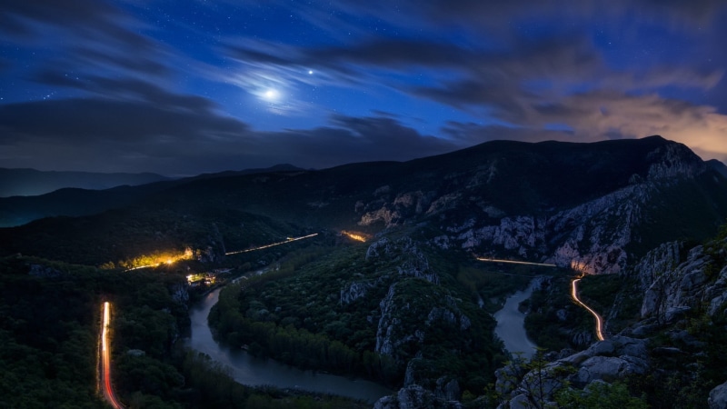 stars, forest, valley, sky, long exposure, tranquility, environment, trees, night, land, Bulgaria, water, power in nature, rock, light trails, 1080P, architecture