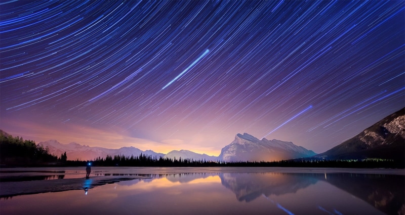night, sky, outdoors, mountains, Banff National Park, scenics - nature, space, snowcapped mountain, tranquil scene, 720P, Canada, star trail, nature, mountain