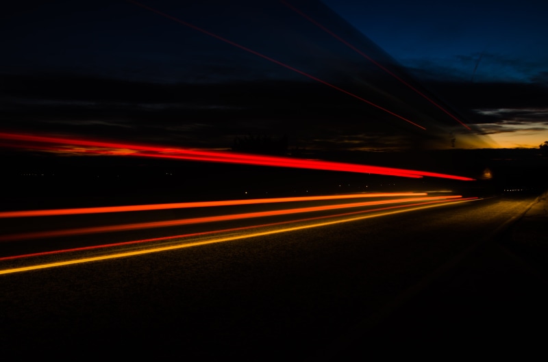 highway, 4K, illuminated, yellow, red, blur, long exposure, car, night, on the move, street, outdoors, vehicle light, city life, no people, headlight