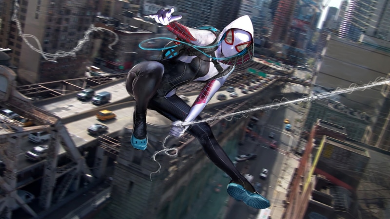 Spider Gwen, motion blur, gwen, multi colored, men, architecture, Spider-Man, 1080P, leisure activity, low angle view, cityscape, city, bicycle, untitled
