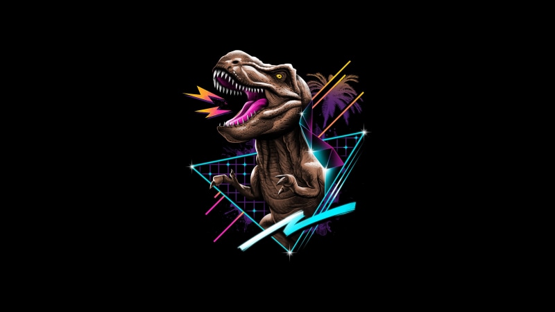 simple background, dark background, T-Rex, Retrowave, Tyrannosaurus rex, dinosaurs, digital, lines, illustration, black background, Retro style, black