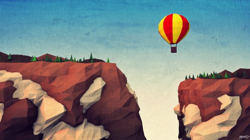 snow, outdoors, parachute, day, hot air balloon, mid-air, rock, yellow, mode of transportation, minimalism, balloon, mountains, illustration, transportation