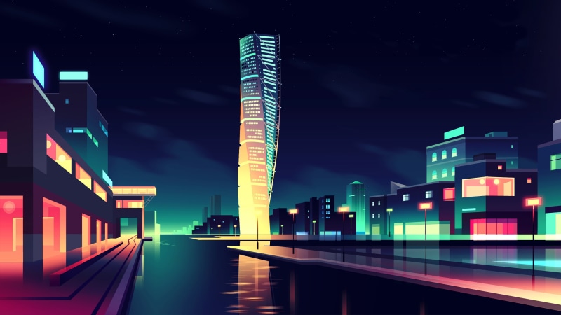 The building, Promenade, by Romain Trystram, Romain Trystram, Building, The city, River, Light, Minimalism, Art, Architecture, Home, Night, Lighting, 4K