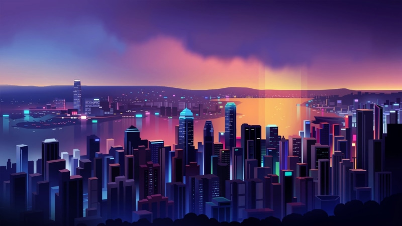 Romain Trystram, illustration, building, sky, 1080P, city, lake
