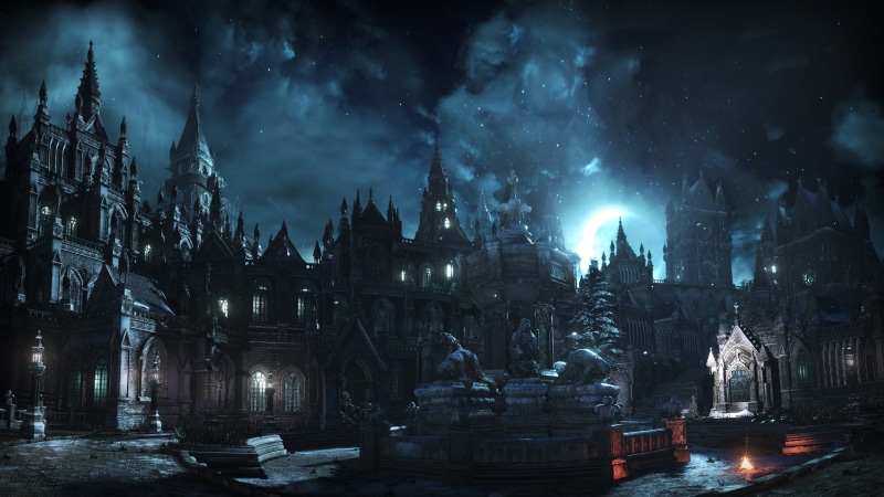 architecture, illustration, city, dark, transportation, night, illuminated, nature, Irithyll, building exterior, water, rain, video games, motor vehicle