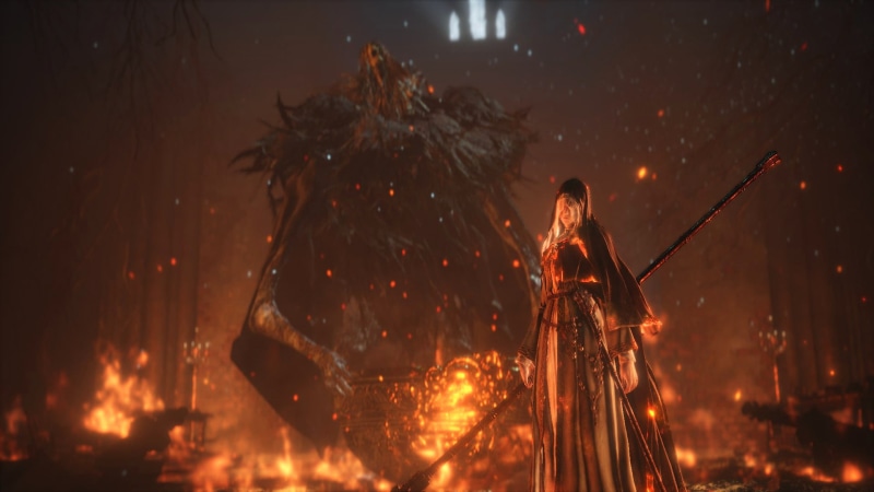  holding, brown, night, cape, depth of field, rod, Dark Souls III, heat - temperature, wearing, real people, burning, adult, Father Ariandel and Sister Friede