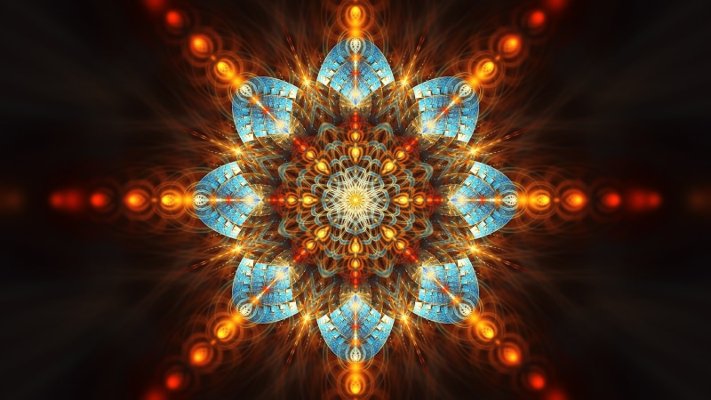 glowing, abstract, ornate, black background, symmetry, pattern, night, directly below, shape, architecture, backgrounds, lighting equipment, mandala, digital art