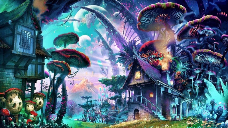 imagination, fantasy art, psychedelic art, dreamy, art, mushroom house, graphics, 4K, tree, mushroom, trippy art, fantasy landscape, mushrooms, fantasy