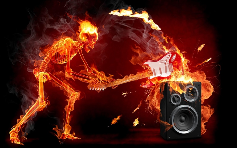 rock, 2K, fire, smashing, hardrock, speaker, 3d and abstract, hell, music, skull, skelet, hell fire, guitar