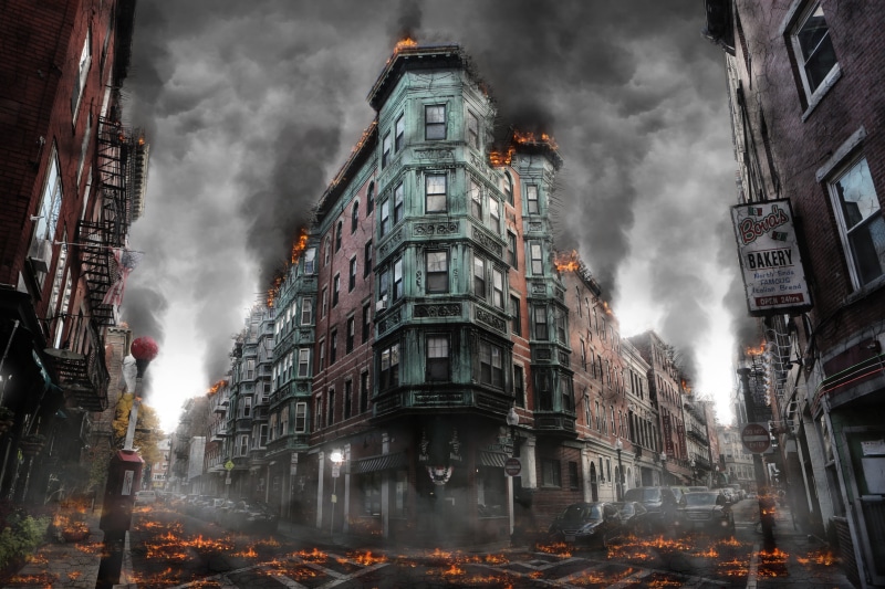 sky, building, apartment, building exterior, illuminated, abandoned, disaster, beige, low angle view, celebration, built structure, architecture, armageddon