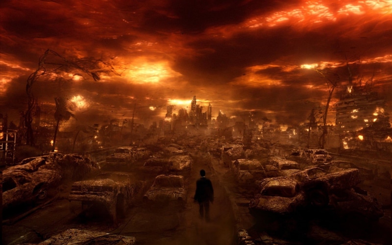 alone, sky, 1080P, outdoors, hell, cloud - sky, real people, illuminated, night, nature, built structure, walking, Constantine, Doomsday, rear view, city