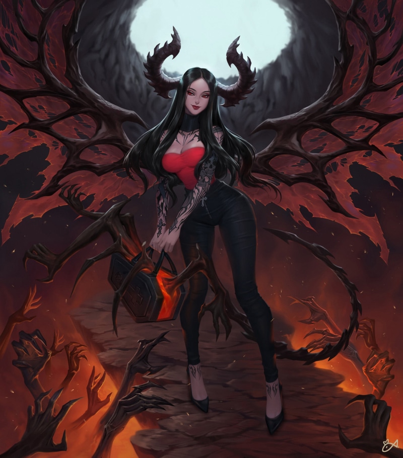 women, tattoo, digital art, illustration, long hair, demon girls, black hair, pants, 2D, cleavage, drawing, Citemer Liu, hell, fantasy girl, red tops, red lipstick