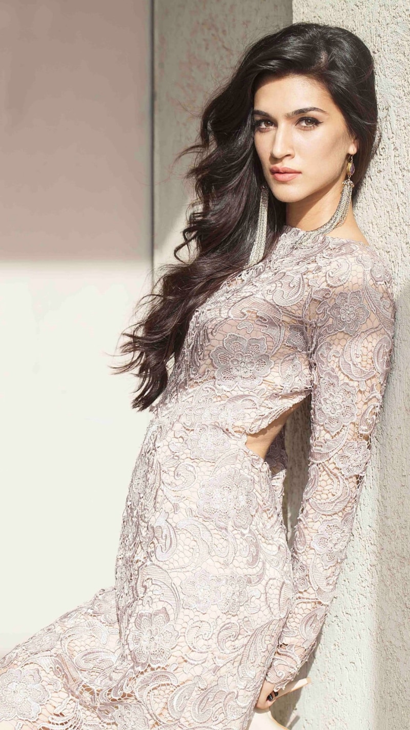young women, kriti, Female Celebrities, adult, portrait, clothing, floral, standing, brown hair, one person, women, young adult, gray, dress, indoors, sanon