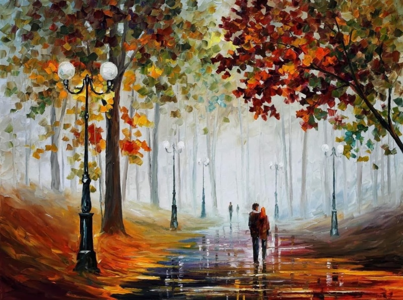 plant, real people, path, leaf, vibrant Color, beauty in nature, backgrounds, lights, tree, street light, art, water, illustration, near, painted Image