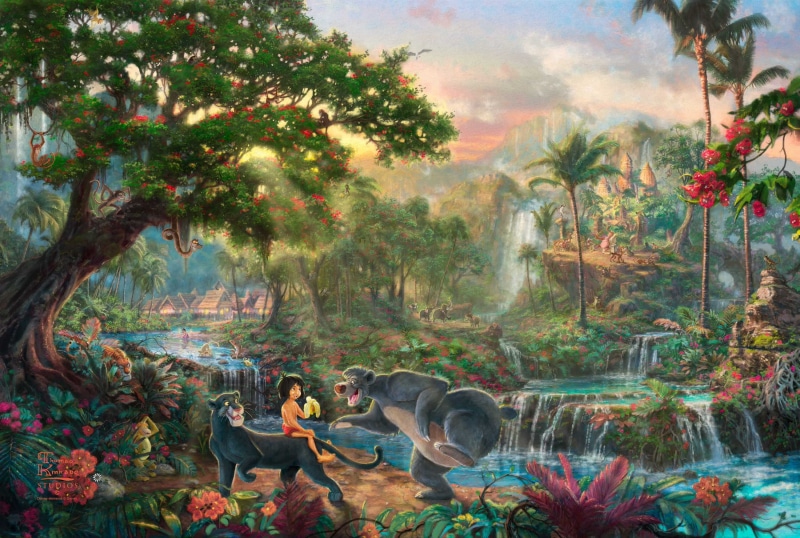 full length, waterfalls, backgrounds, two people, day, houses, fantasy, flowers, 2K, spirituality, tiger, plant, paintings, animated film, growth, jungle
