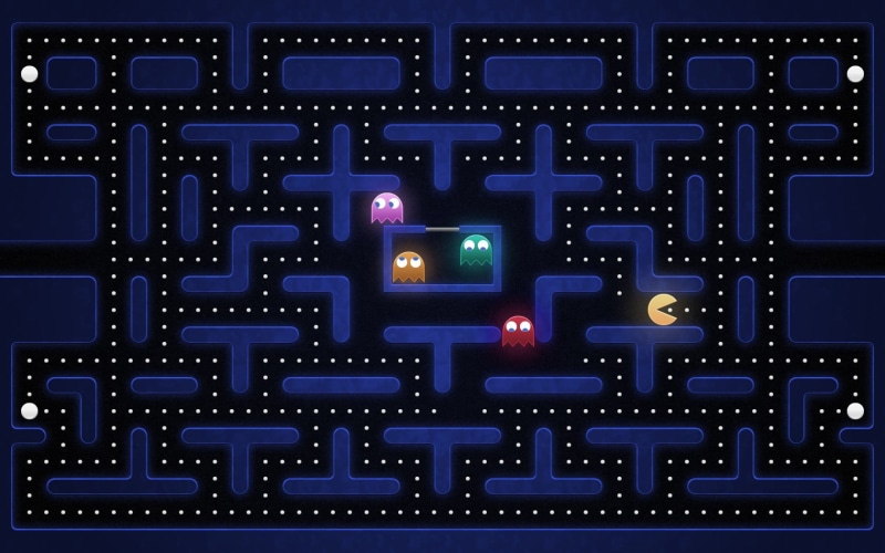 text, digital art, computer key, game, close-up, technology, connection, computer, blue, computer network, laptop, 720P, Pacman, screenshot, no people