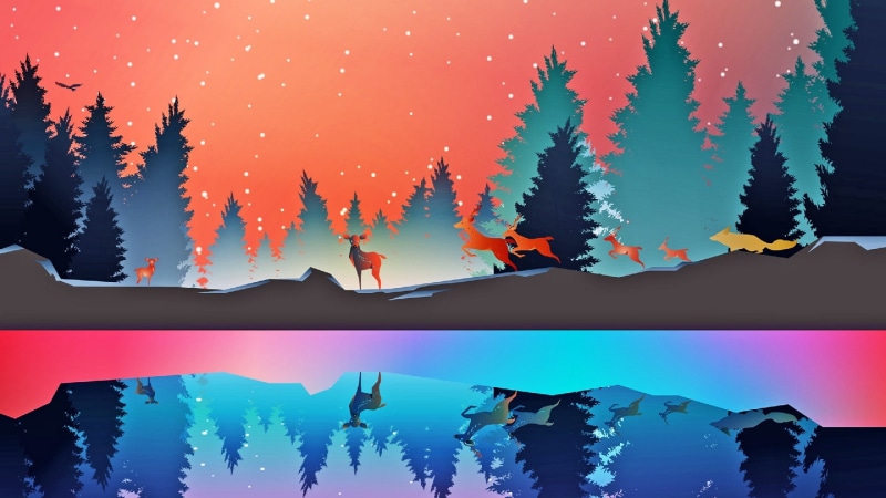 snow, screenshot, forest, stag, graphics, minimal, minimalist, lake, winter, reflection, 1080P, wildlife, pine trees, snowfall, wild animals, deer, illustration