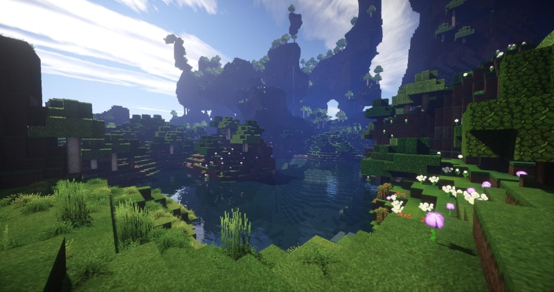 Minecraft, lake, nature, building, office building exterior, day, plant, building exterior, sky, screen shot, green color, cityscape, architecture, beauty in nature