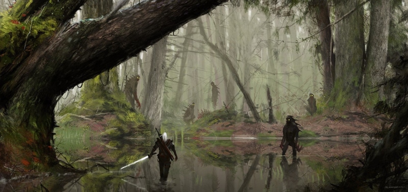 outdoors, rear view, The Witcher, screenshot, men, water, beauty in nature, trunk, non-urban scene, tranquility, tree trunk, nature, The Witcher 3: Wild Hunt