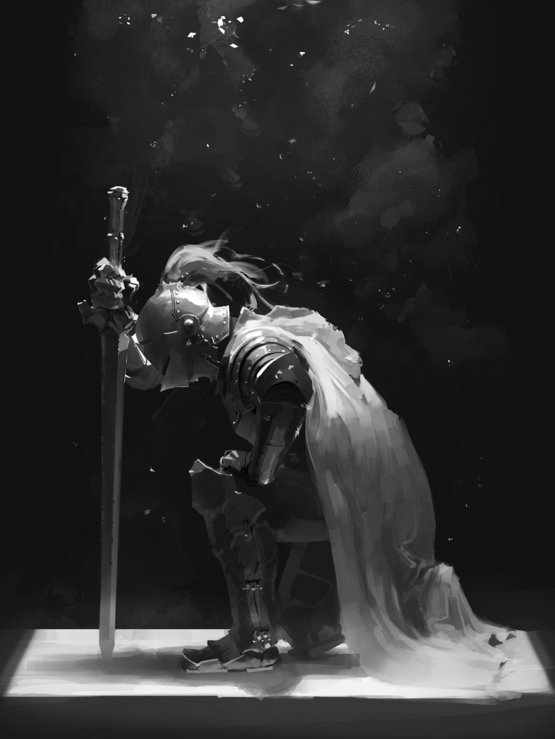 black background, representation, pets, indoors, vertebrate, art and craft, human representation, drawing, one animal, armor, no people, knight